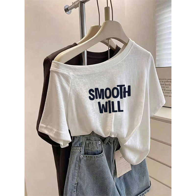 Snowflake Cotton Off-Shoulder T-Shirt Short Sleeve Women's Stylish Versatile White Thin Top 2026 New Summer Trend Snowflake Cotton Off-Shoulder T-Shirt Short Sleeve Women's Stylish Versatile White Thin Top 2026 New Summer Trend