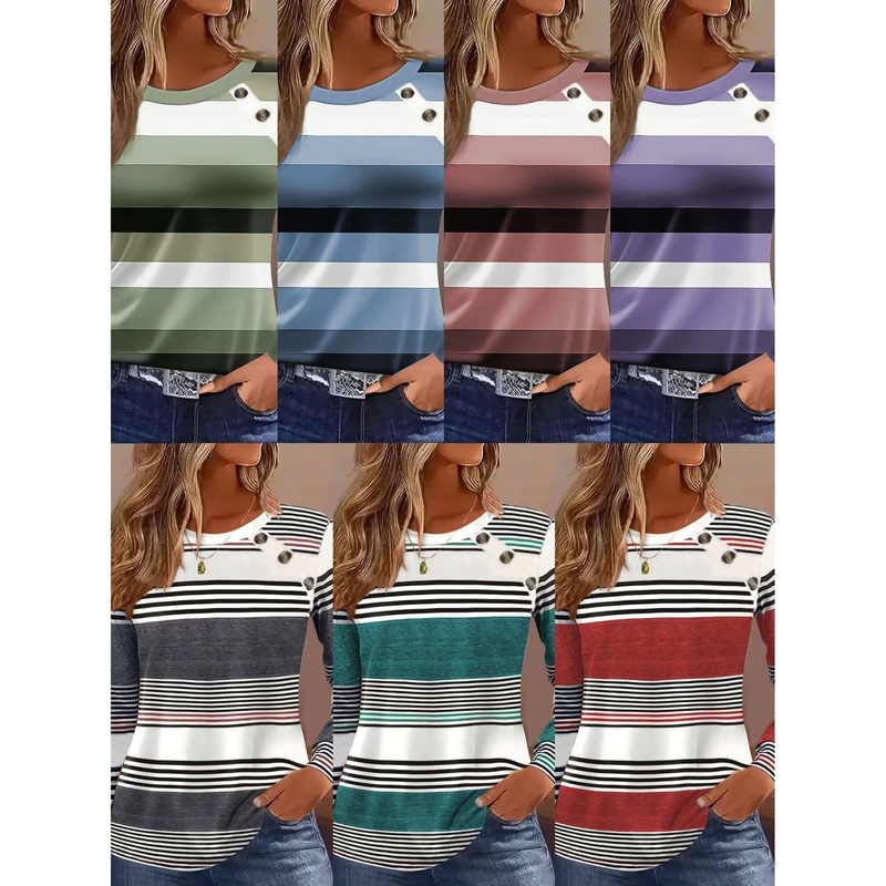 European and American Cross-Border Foreign Trade Women's Clothing Hot-Selling Items Independent Site Shein Amazon Temu Casual Buttoned Striped Long-Sleeve T-Shirt European and American Cross-Border Foreign Trade Women's Clothing Hot-Selling Items Independent Site Shein Amazon Temu Casual Buttoned Striped Long-Sleeve T-Shirt