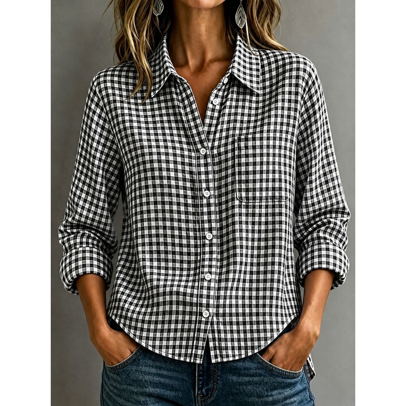 2026 Spring/Summer Amazon Cross-Border European and American Women's Long-Sleeve Plaid Casual Loose Lapel Shirt Women's Top