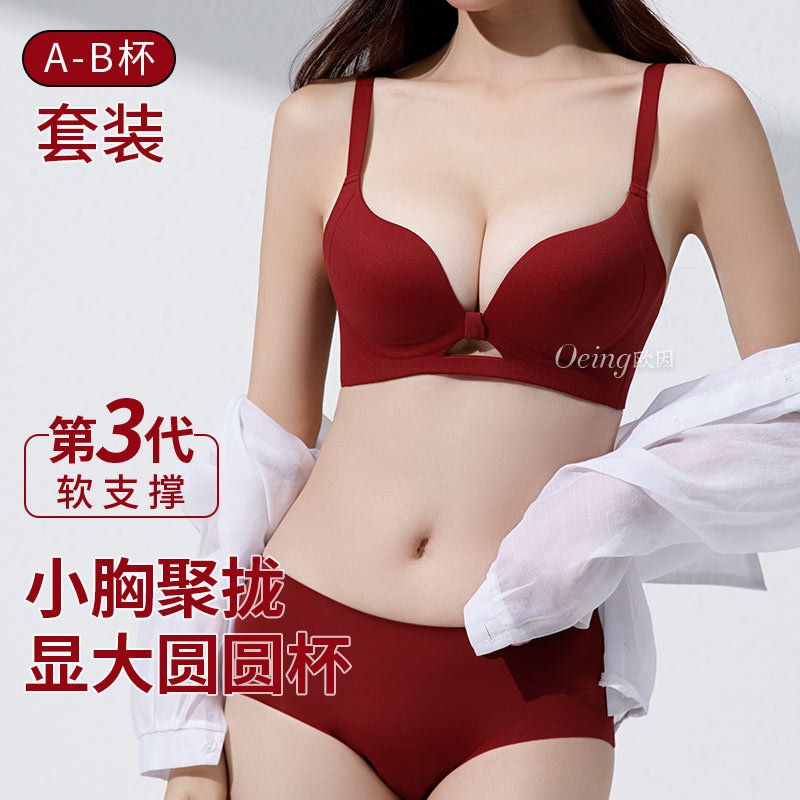 Oeing Red Lingerie for Women with Small Busts, Push-Up to Enhance Appearance, Anti-Sagging, Side Breast Collection, Seamless Bra Set for the Year of Birth