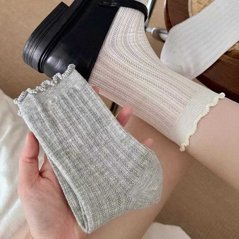 Summer Thin White Mid-Calf Women's Socks with Ruffled Edges, Trendy Internet Sensation, Slouch Socks, Ballet Style, Women's Summer Mesh Socks