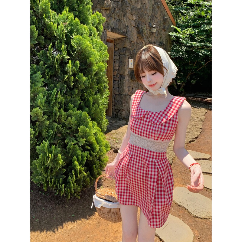 Wearkeki Miss Yukiko's Picnic Book Doll Collar Vintage Waist-Cinching Dress Women's Plaid Lace Tank Dress Wearkeki Miss Yukiko's Picnic Book Doll Collar Vintage Waist-Cinching Dress Women's Plaid Lace Tank Dress