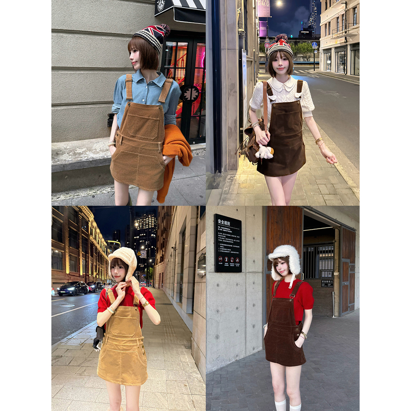 Wearkeki Long Socks, Retro Corduroy Suspender Dress for Women, Waist-Cinching, Slimming A-Line Short Skirt