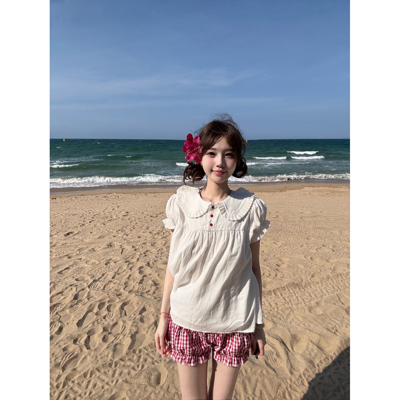 Wearkeki Red Button Vintage Doll Collar Linen Shirt for Women, Stylish White Sweet Blouse Top Wearkeki Red Button Vintage Doll Collar Linen Shirt for Women, Stylish White Sweet Blouse Top