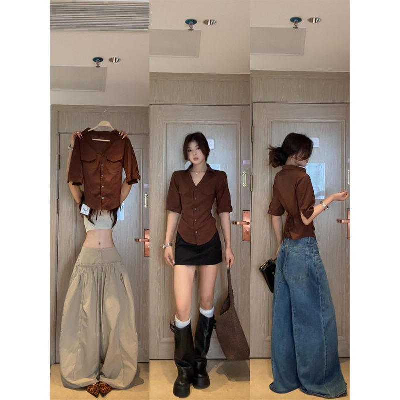 American Retro Style Waist-Tie Coffee-Colored Lapel Mid-Sleeve Shirt for Women, Summer Slim-Fit Design with Stunning Beauty