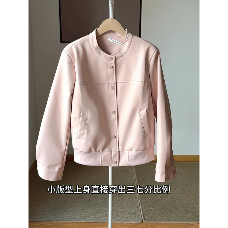 Pure Desire Retro College Style Peach Pink Stand-Up Collar Suede Jacket for Women, Loose and Versatile Autumn Jacket, Baseball Jacket, Trendy