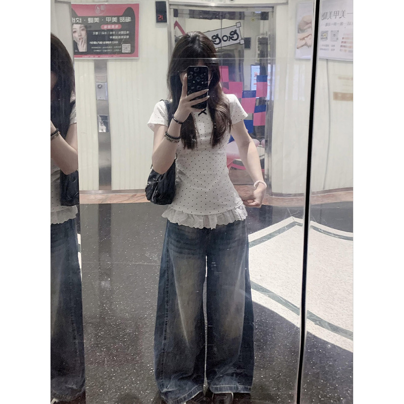 American Retro White Polka Dot Lace Trim Fake Two-Piece Short-Sleeve T-Shirt for Women, Summer Spicy Girl Style, Waist-Cinching Top