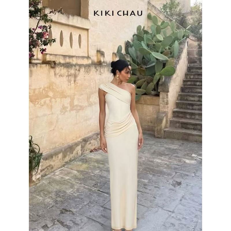 Kiki Chau Elegant Off-Shoulder Pleated Long Dress French Style Long Dress｜ Comfortable and Breathable, Can Be Worn in Many Ways