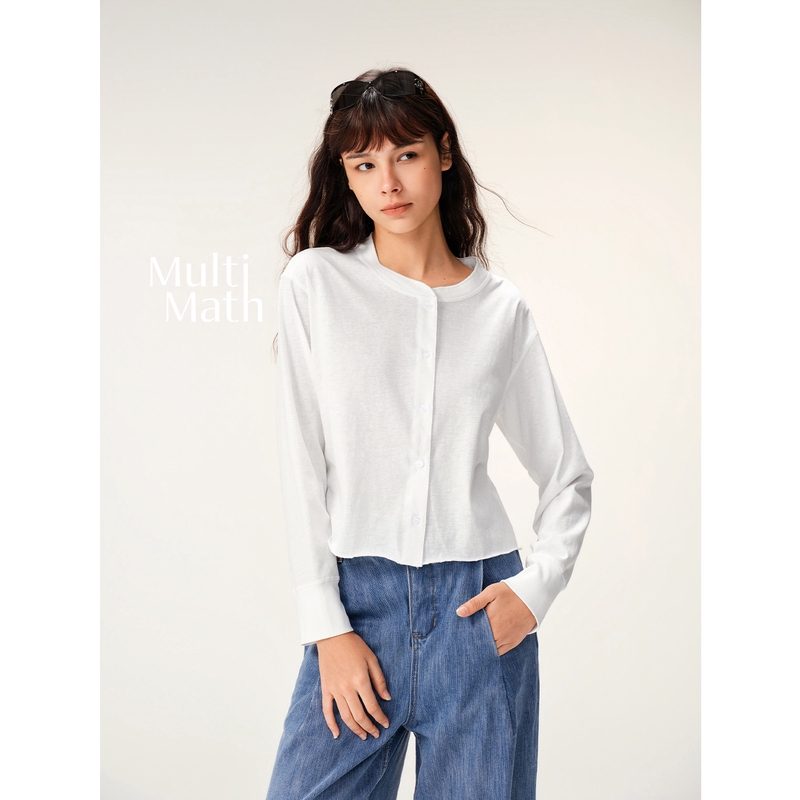 Multimath Little Ding Baoli/Henry Cardigan/Summer White Simple Henry Collar Loose Long Sleeve Top for Women