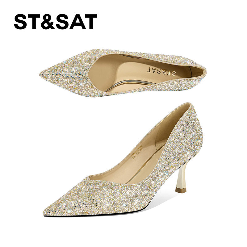 ST&SAT Slip-On Elegant High-Heeled Shoes with Full Rhinestones, French-Style Banquet Pointed-Toe Pumps ST&SAT Slip-On Elegant High-Heeled Shoes with Full Rhinestones, French-Style Banquet Pointed-Toe Pumps