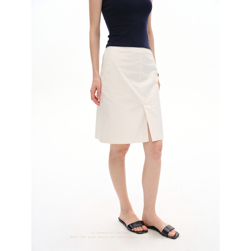 Who Peach [Same Style as Dating Show] 100% Cotton Solid Color Front Slit Midi Skirt for Women, Commuting High-Waisted Versatile Skirt
