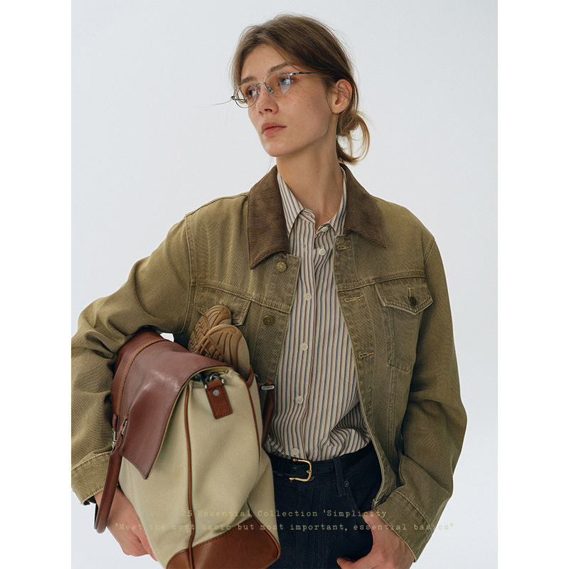 Who Peach Corduroy [Mountain Stone Denim Jacket] Patchwork Lapel American Retro Women's Vintage Short Jacket