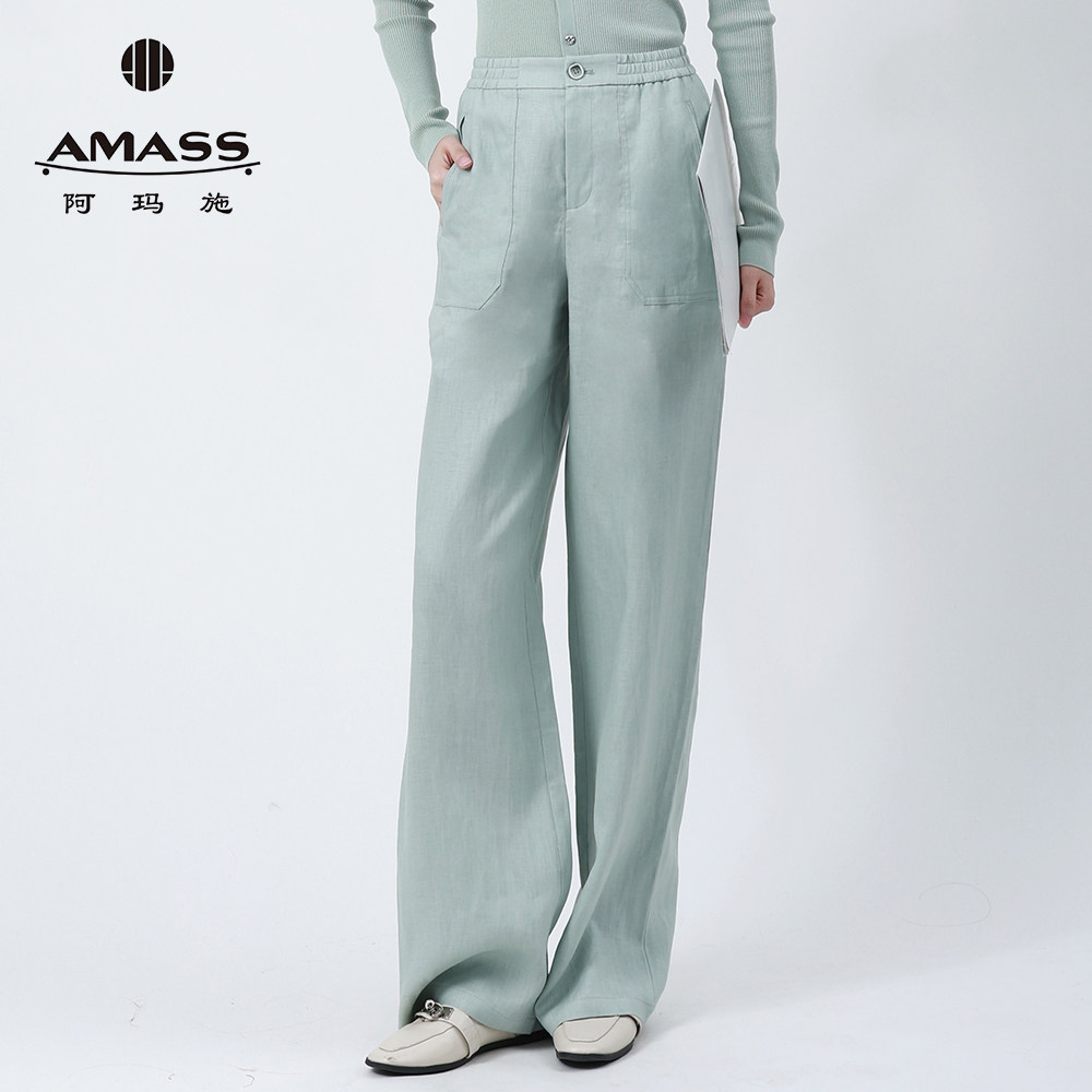 AMASS阿瑪施春夏新款休閒寬褲寬鬆簡約百搭亞麻直筒褲510052