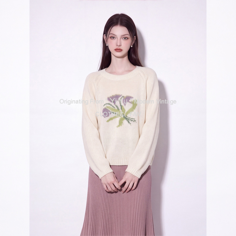 Cream-Colored Floral Print Knit Sweater for Women, Round Neck, Drop Shoulder Sleeves, Gentle and Elegant Versatile Top Cream-Colored Floral Print Knit Sweater for Women, Round Neck, Drop Shoulder Sleeves, Gentle and Elegant Versatile Top