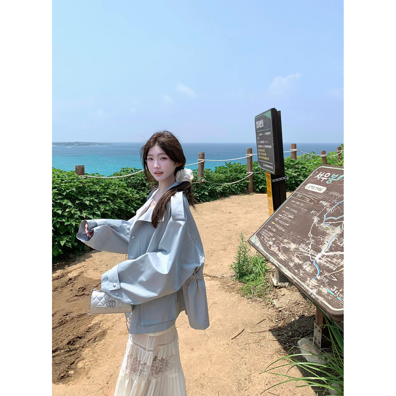 Jijilulu Actively Lu Western Morning Mist Loose Windbreaker Women's Drawstring Waist Casual Small Jacket