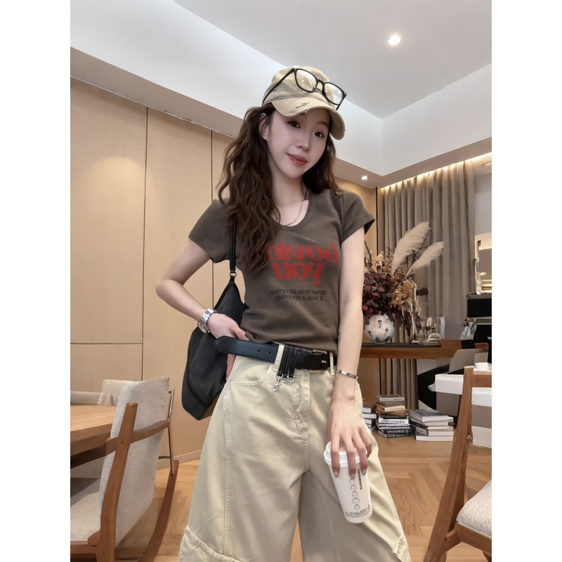 Little Jing Jing Takes a Break [Red Letter Short T-Shirt] 26 Summer New Style Versatile Slimming Short-Sleeve Top 2605D2923