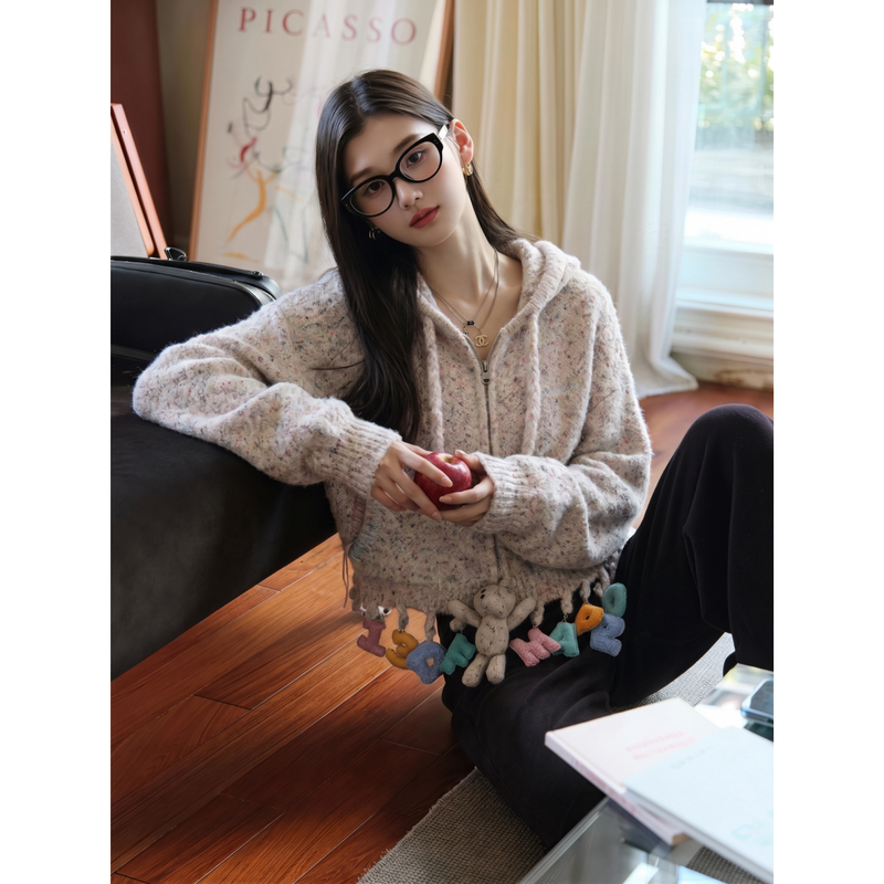 Ada Jojo Autumn Lazy Style Colorful Dot Knit Sweater Women's Hooded Zipper Sweater Jacket with Letter Tassel Decoration Ada Jojo Autumn Lazy Style Colorful Dot Knit Sweater Women's Hooded Zipper Sweater Jacket with Letter Tassel Decoration