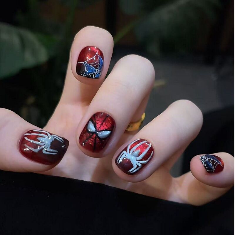 Spider-Man Nail Art [in Stock] New Black and Red Spider Web Hand-Painted Cool and Stylish Trendy Pure Handmade Design