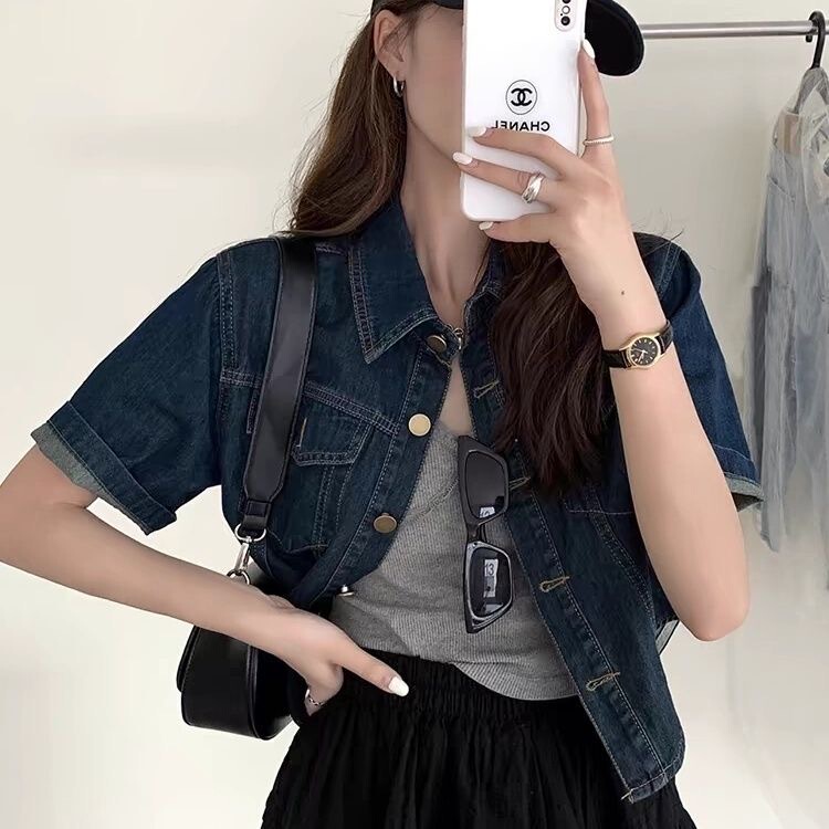 French-Style Vintage Pure Cotton Denim Short-Sleeve Shirt for Women, Summer Short Jacket, Niche Casual and Elegant Top French-Style Vintage Pure Cotton Denim Short-Sleeve Shirt for Women, Summer Short Jacket, Niche Casual and Elegant Top