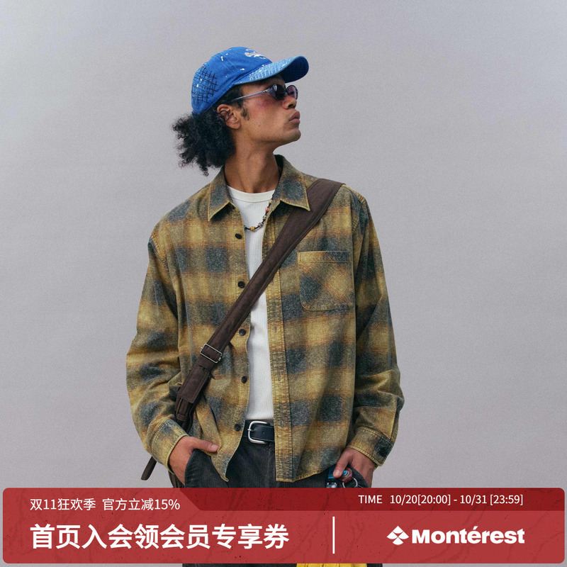 Instant Mountain Monrest Washed Printed Flannel Plaid Shirt Retro Pure Cotton Casual Shirt Jacket for Men
