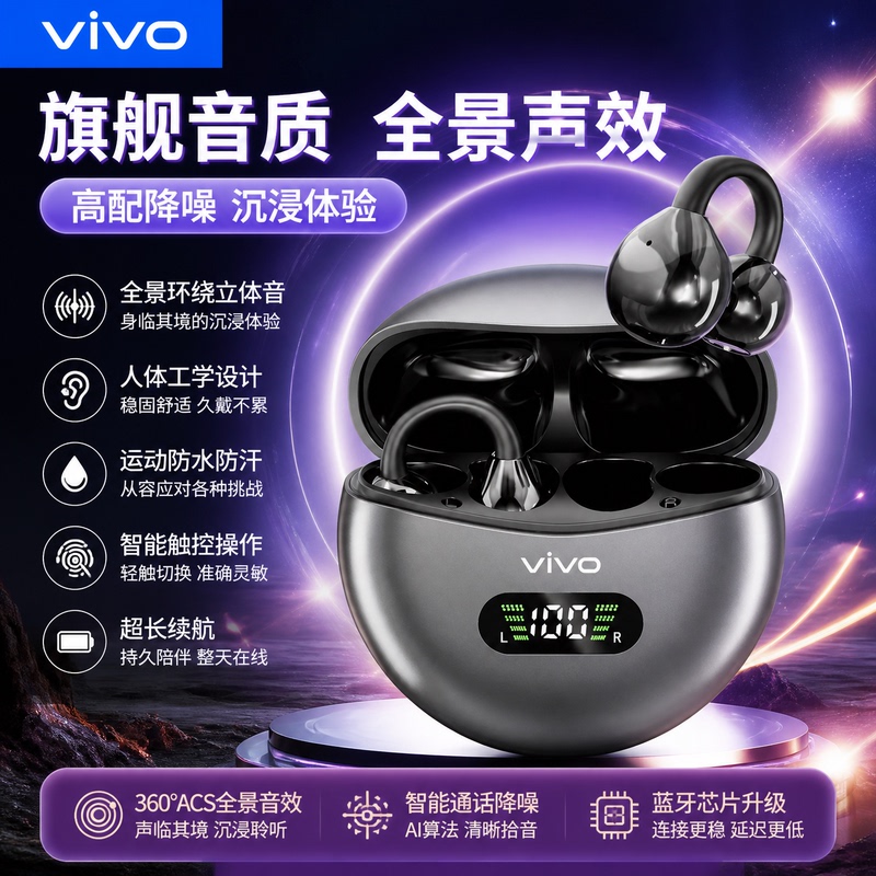 Vivo Bluetooth Headphones 2026 New Model, Genuine, Comfortable for Long Wear, Non-In-Ear, Wireless Bone Conduction, High-End Ear Clip