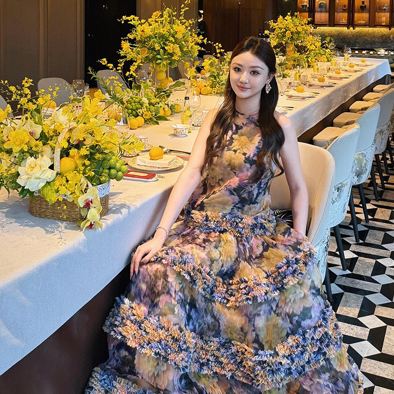 Vacation Dress for Women, High-End Birthday Dress, Heavy-Duty Three-Dimensional Flower Pleated Patchwork Printed Cake Dress