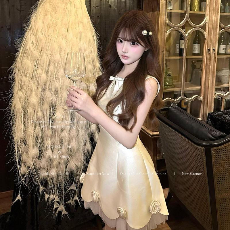 Birthday Party Dress for Girls, Elegant and Sophisticated with Heavy Floral Embroidery, Tulle Puffy Princess Dress, Sleeveless Tank Top Short Dress