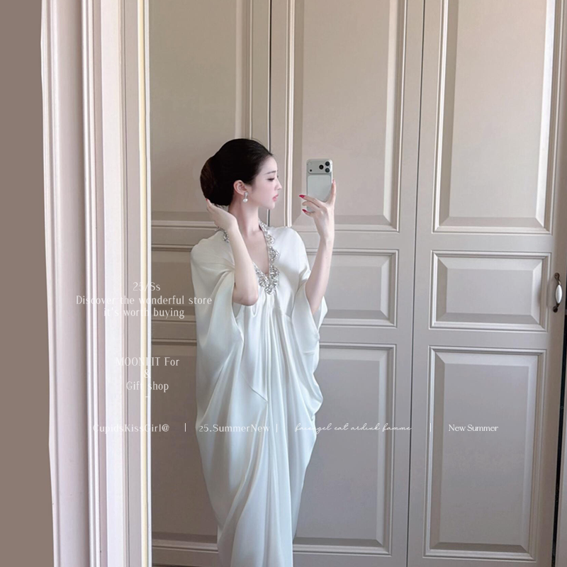 New Chinese-Style National Dress for Women, Summer Elegant Heavy Beading High-End Zen-Inspired Loose Long-Sleeved White Long Dress