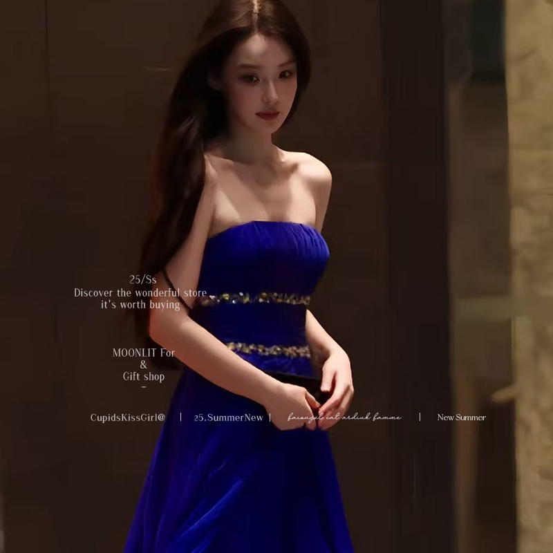 Strapless Dress for Women, Light Luxury High-End Socialite Engagement Birthday Gown, Heavily Embellished with Rhinestones, Waist-Cinching, Long Skirt with a Large Hem