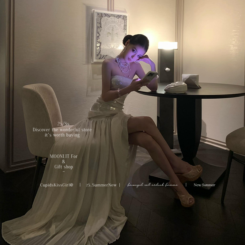 Strapless Dress for Women, Luxurious and Exquisite, with a Socialite Vibe, Birthday Gown with Heavy Sequin Work, Waist-Cinching Tulle, and a Large Flared Skirt
