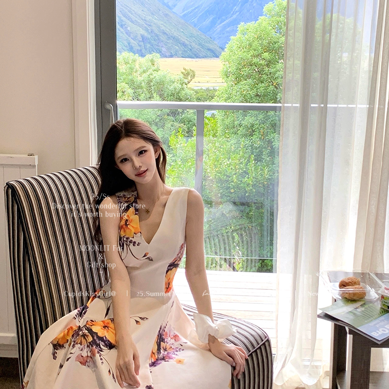 French-Style Dress for Women, Elegant and Sophisticated, Birthday Party Dress with Vintage Flair, Printed, Waist-Cinching, Sleeveless, Long Dress