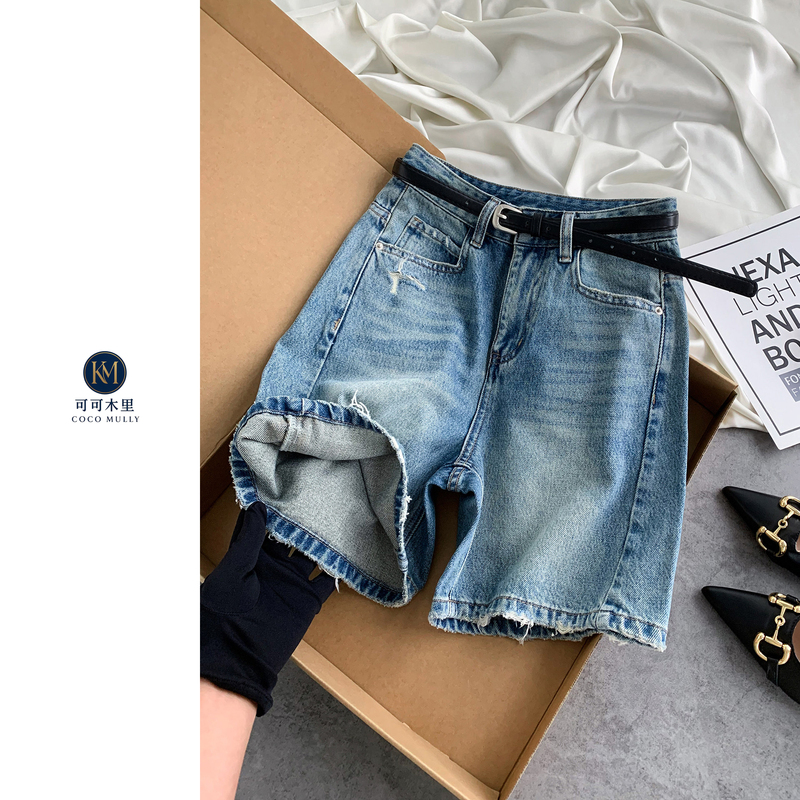"Kekemu Li" Retro High-Waisted Summer 2026 New Loose Ripped Denim Shorts for Women, High-Waisted Shorts, Four-Quarter Length