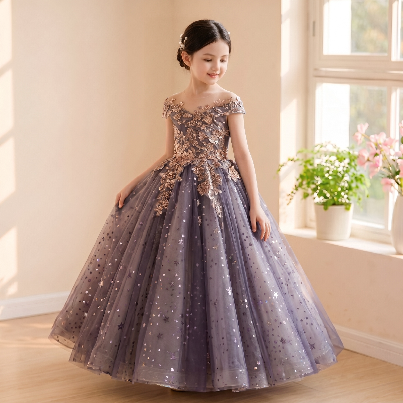 [Hydrangea Purple] Little Girl Host's Evening Dress, Piano Performance Dress, Kidsren's Princess Dress, Purple