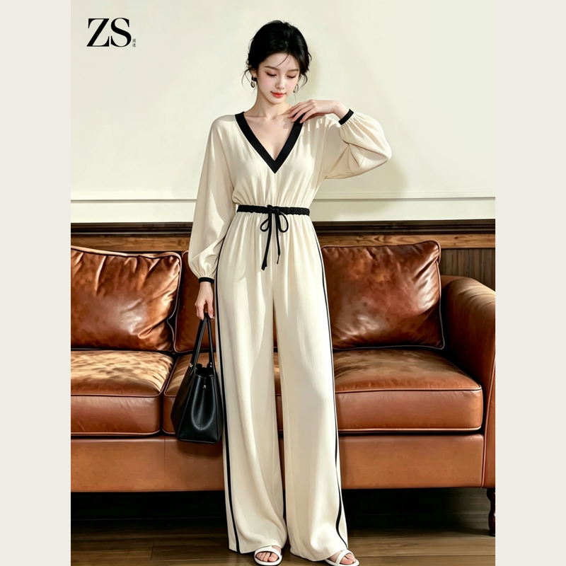 Zs Style Old Money V-Neck Jumpsuit High Waist Slimming Wide Leg Pants 2026 Autumn Long Sleeve One-Piece Jumpsuit Zs Style Old Money V-Neck Jumpsuit High Waist Slimming Wide Leg Pants 2026 Autumn Long Sleeve One-Piece Jumpsuit