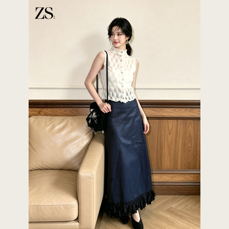 Zs Elegant Two-Piece Skirt Set with Pleated Texture, Slightly High Collar, White Sleeveless Top + Blue Skirt