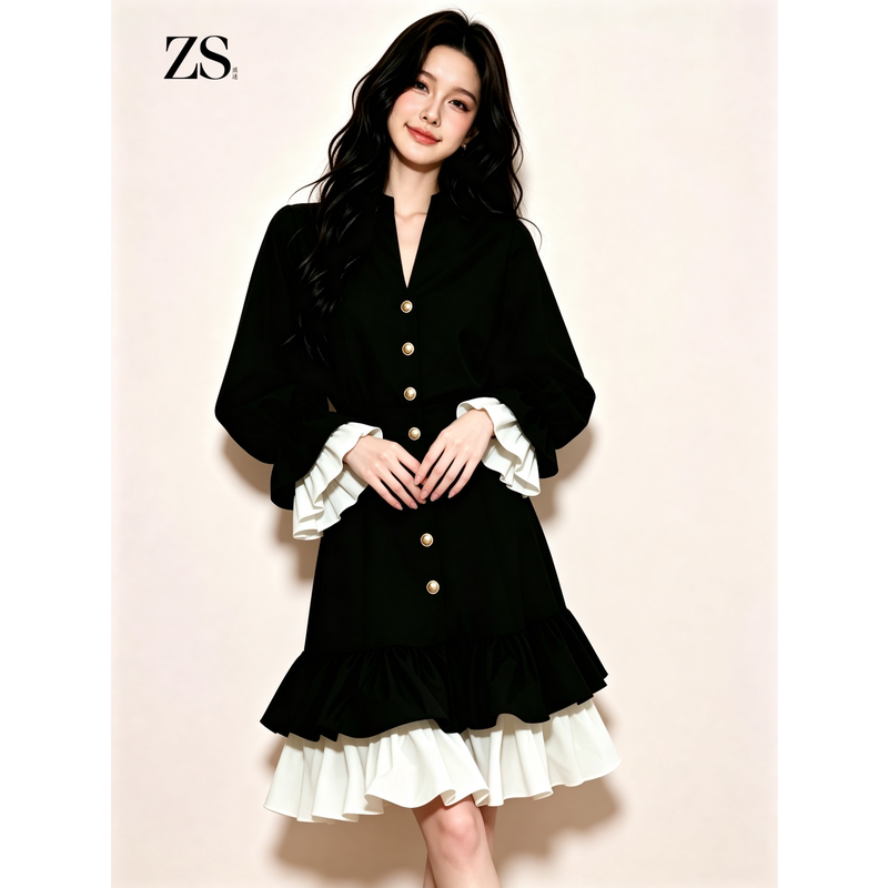 French-Style Autumn Black Dress with Long Sleeves, V-Neck, Ruffles, and Waist-Cinching Design, a Complete Outfit for Plus-Size Women with an Elegant Look French-Style Autumn Black Dress with Long Sleeves, V-Neck, Ruffles, and Waist-Cinching Design, a Complete Outfit for Plus-Size Women with an Elegant Look