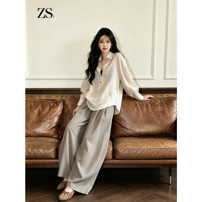 Lazy Style Relaxed Shirt Set for Women, Autumn Elegant Lapel High-Waisted Wide-Leg Pants, Two-Piece Minimalist Workwear Set