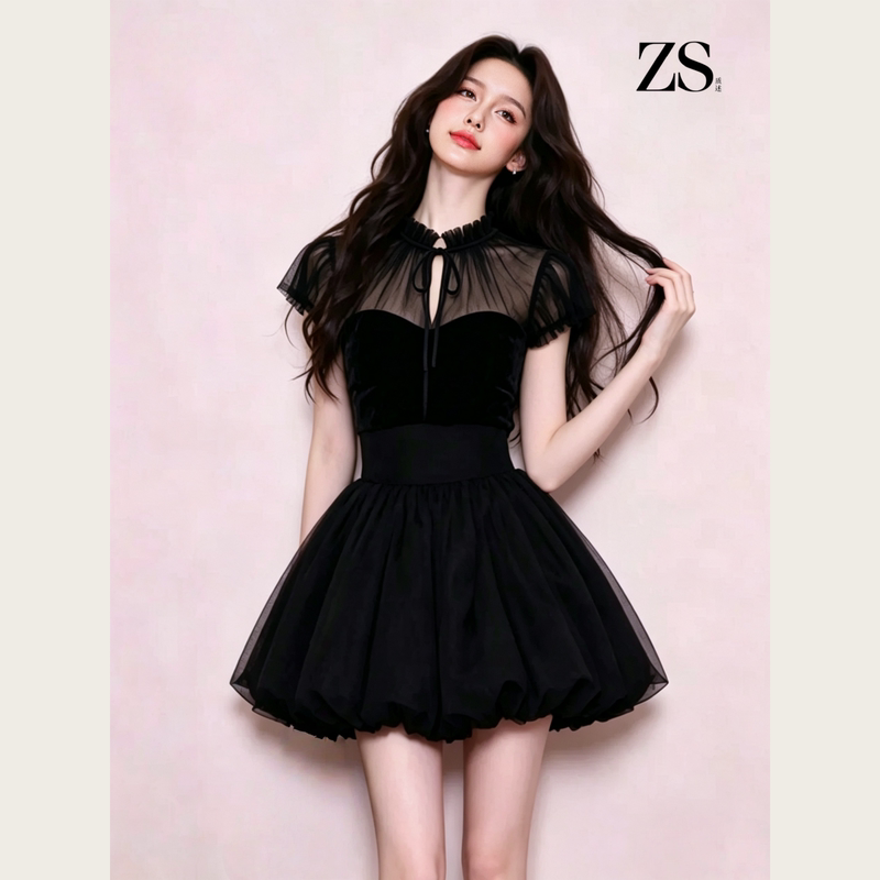 Zs Style: Jiangzhehu Style Black Slightly Sheer Lace Mesh Puffy Dress, Stunning and Unique Dress That Won'T Clash with Others