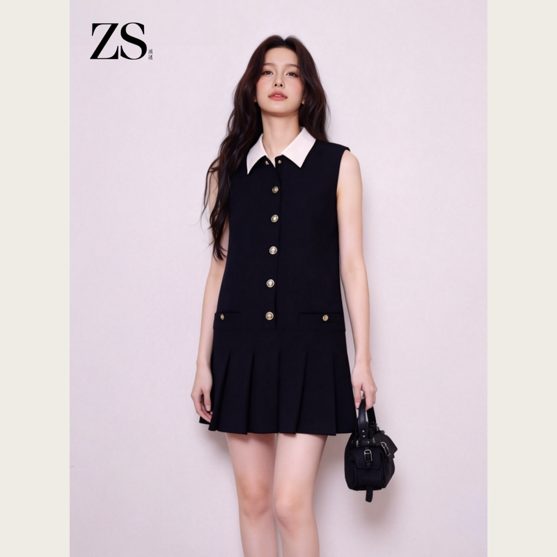Zs Special and Elegant Waist-Cinching Mini Dress for Women, Old Money Style Sleeveless Tank Dress, A-Line Black Pleated Dress Zs Special and Elegant Waist-Cinching Mini Dress for Women, Old Money Style Sleeveless Tank Dress, A-Line Black Pleated Dress
