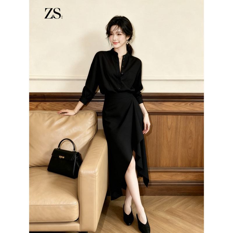 A Sophisticated and Intellectual Outfit for Women: a Complete Set of a Black Shirt and Irregular Skirt in a Mature Style for Autumn A Sophisticated and Intellectual Outfit for Women: a Complete Set of a Black Shirt and Irregular Skirt in a Mature Style for Autumn