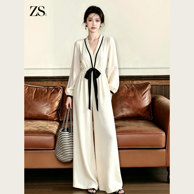Zs Style Old Money V-Neck Jumpsuit High Waist Slimming Wide Leg Pants 2026 Autumn Long Sleeve One-Piece Jumpsuit Zs Style Old Money V-Neck Jumpsuit High Waist Slimming Wide Leg Pants 2026 Autumn Long Sleeve One-Piece Jumpsuit