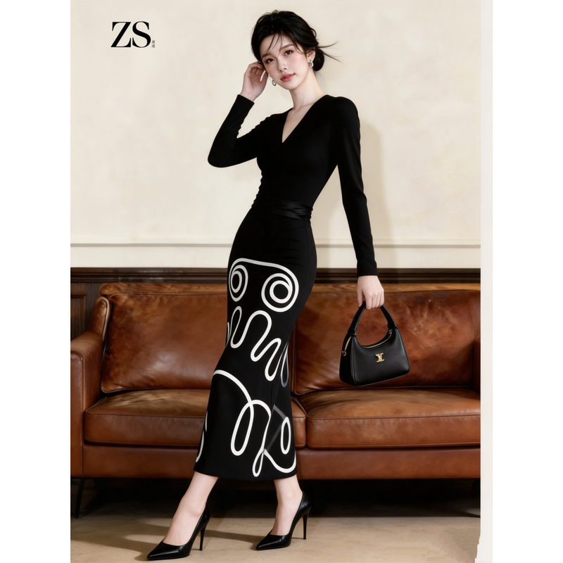 2026 High-Quality Elegant and Stunning Black Line V-Neck Long Sleeve Dress for Women in Autumn, with a Waist-Cinching Mature Lady Style 2026 High-Quality Elegant and Stunning Black Line V-Neck Long Sleeve Dress for Women in Autumn, with a Waist-Cinching Mature Lady Style