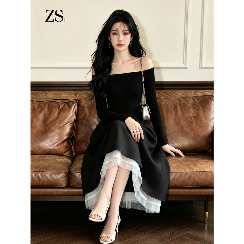 French-Style Sophisticated Outfit, Black One-Shoulder Hepburn-Style Dress for Women, Long-Sleeved, Waist-Cinching, Elegant Long Dress French-Style Sophisticated Outfit, Black One-Shoulder Hepburn-Style Dress for Women, Long-Sleeved, Waist-Cinching, Elegant Long Dress