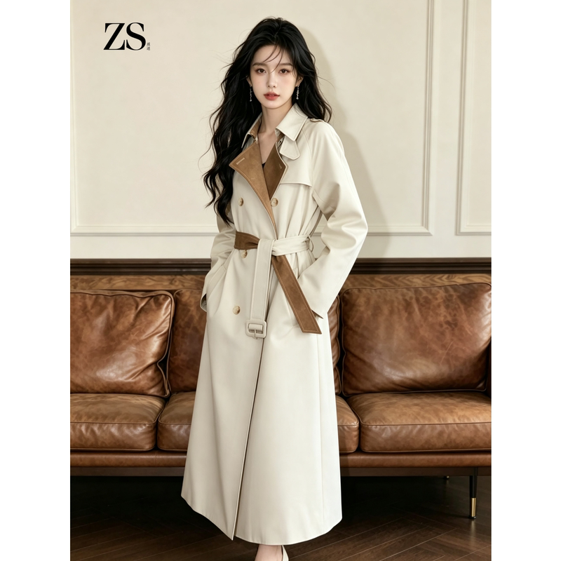 High-End British-Style Double-Breasted Trench Coat for Women, Long Autumn Coat with Lapels, Long Sleeves, Waist-Cinching Belt, Vintage