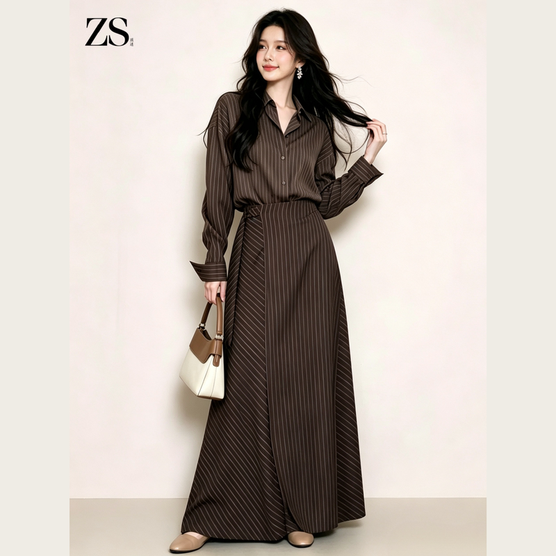 Zs Korean-Style Relaxed Retro Coffee Brown Long-Sleeve Striped Shirt Top + Commuter Long Skirt Two-Piece Set