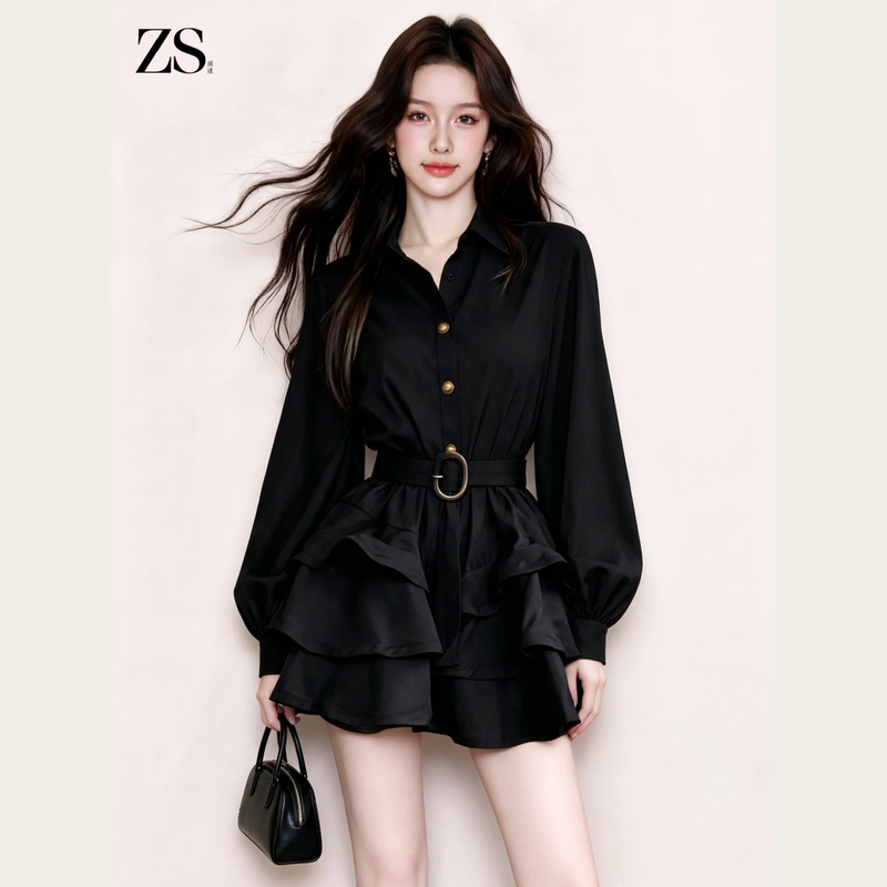 Zs Black Collared Long-Sleeve Single-Breasted Belted Puffy Skirt Elegant and Versatile Shirt Dress for Women Zs Black Collared Long-Sleeve Single-Breasted Belted Puffy Skirt Elegant and Versatile Shirt Dress for Women