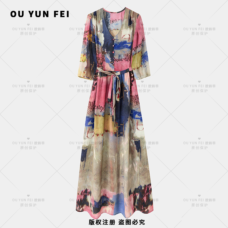 V-Neck Printed Long Dress with Scissor Collar, Half-Sleeves, Tie-Waist, Slimming and Flowing Design, Large Hem Dress Aj1056