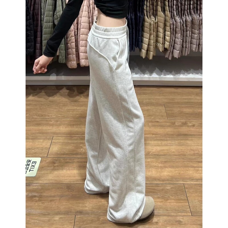 Korean Uamtor White-Gray Lu Series Sports Sweatpants for Women, Spring and Autumn American-Style High-Waisted Loose Casual Wide-Leg Pants