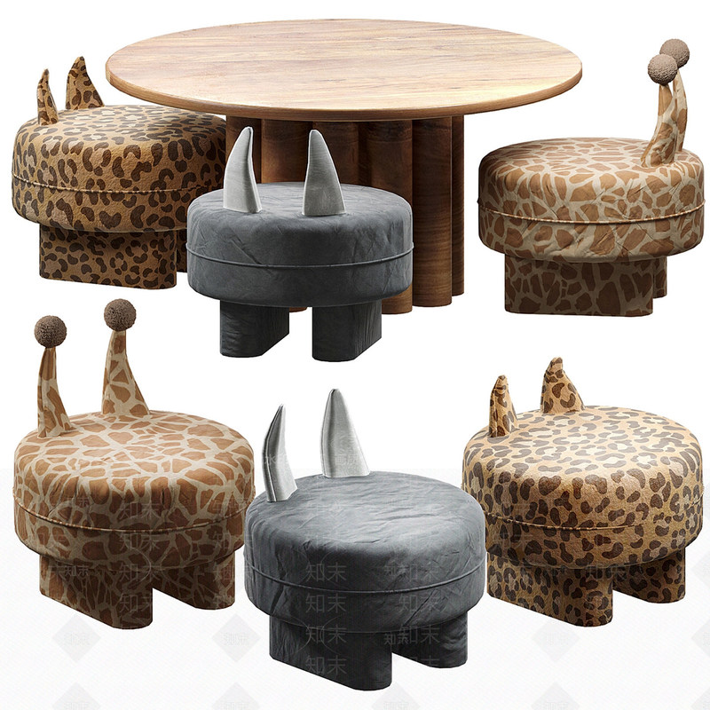 Children's Table and Chair Set with Cartoon Animal Design for Home Use, Round Table, Study Table and Chair Combination