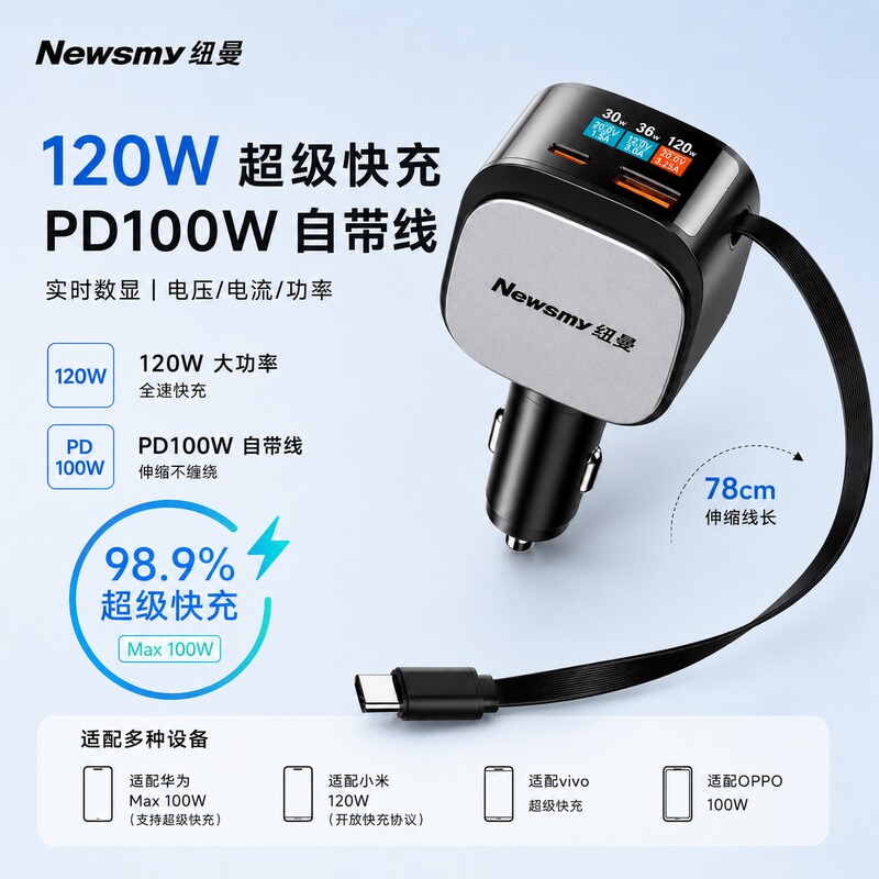 Car Charger 120W Super Fast Charging with Built-In Retractable Cable, Smart Screen Compatible with Huawei, Xiaomi, Samsung, Apple 17